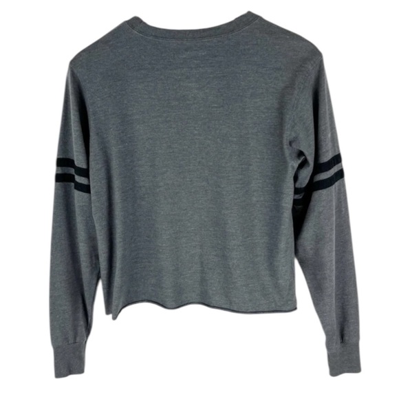 DISNEY CROPPED GREY EMBROIDERED MICKEY MOUSE STRIPED SLEEVES SHIRT SZ SM - Picture 2 of 5